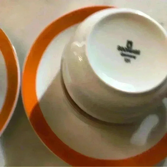 Set of two vintage Schonwald Germany orange and brown stripe  teacups w/saucers - Picture 5 of 10